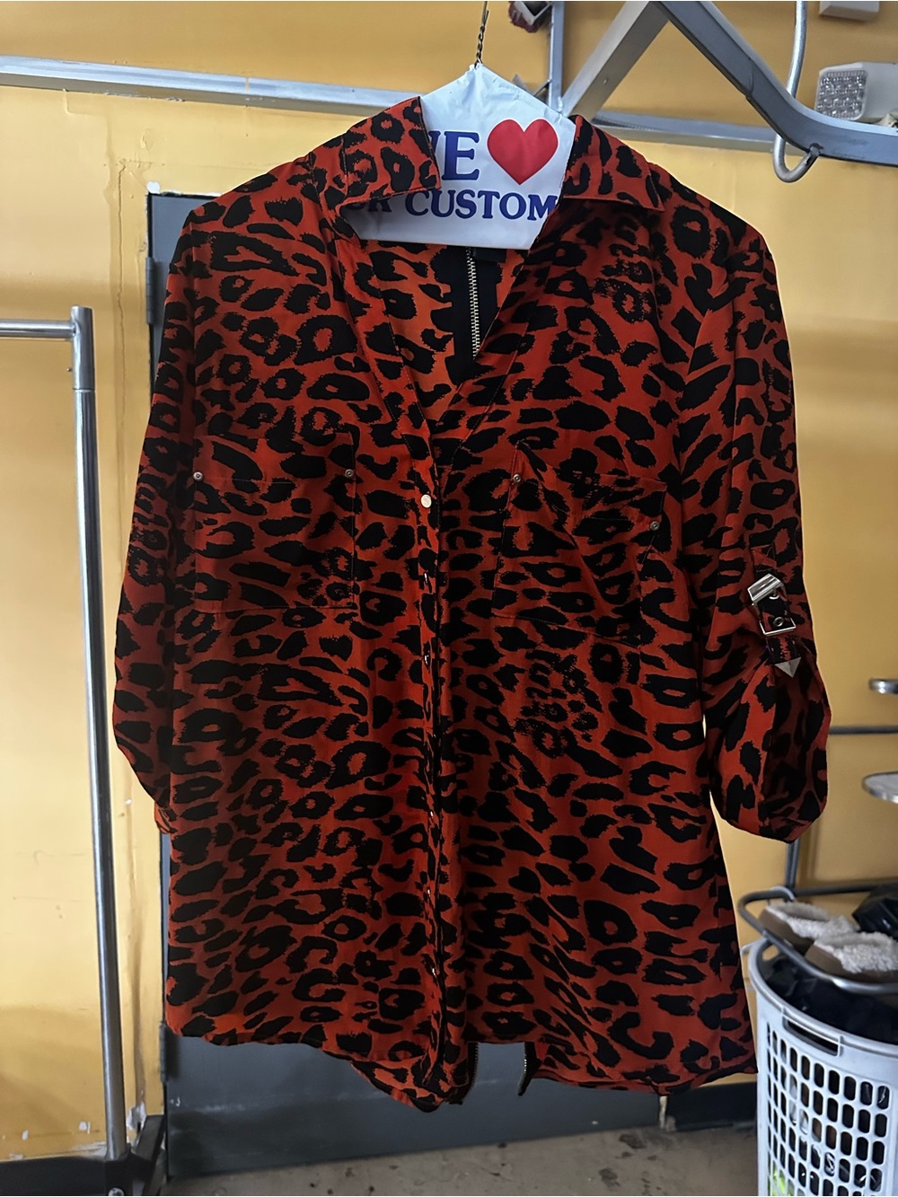 bebe Red and Black Leopard Print Blouse